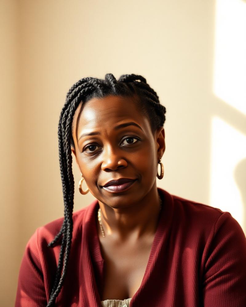 Portrait of a Black woman therapist and author with braids