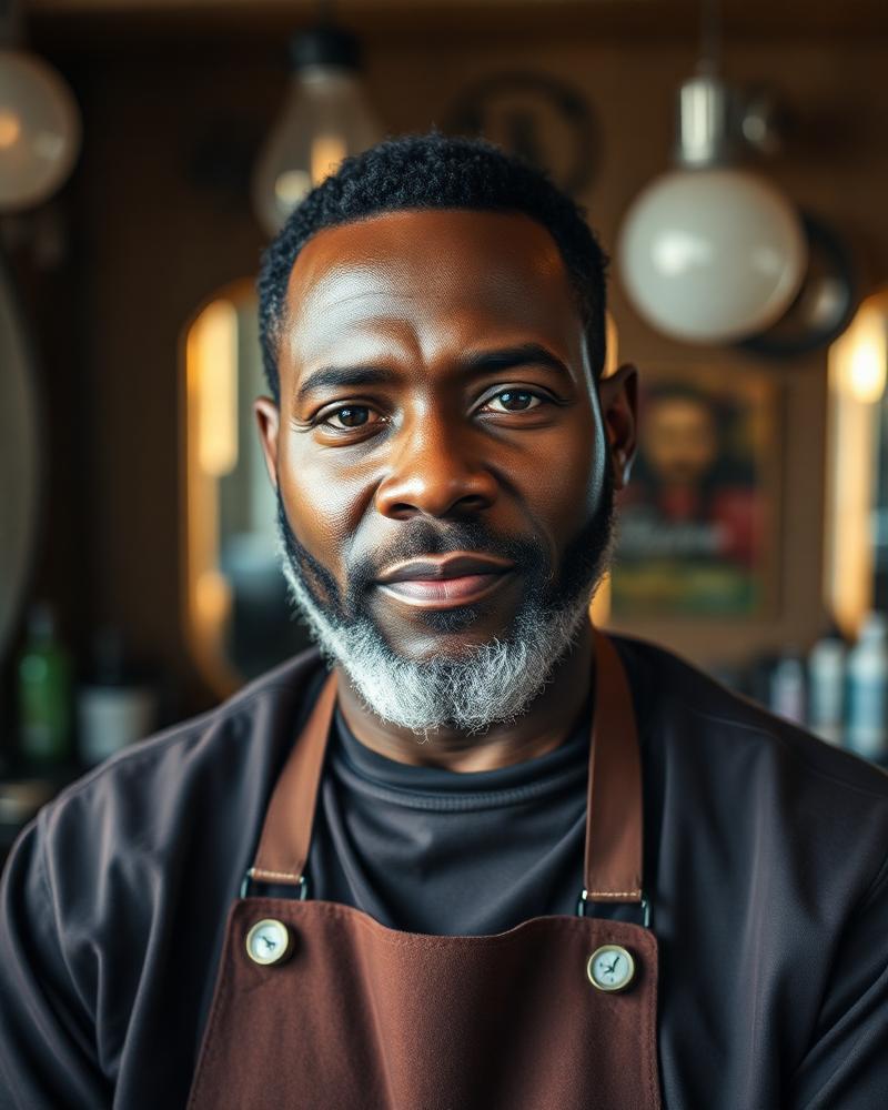 Portrait of a Black barber standing in his barbershop